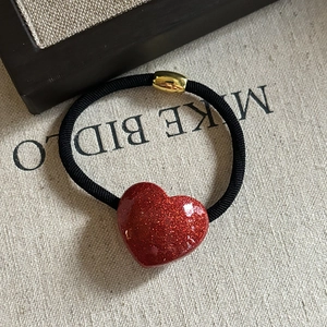 French style red glitter heart hair tie with high elastic band and gold bead detail