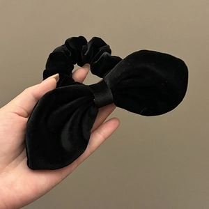 French velvet bow scrunchie for hair styling in elegant black finish for women