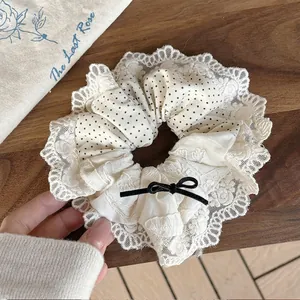 Elegant Lace Scrunchie With Velvet Bowknot Polka Dot Pattern Patchwork Hair Tie For Women Vintage Fashion Hair Accessories