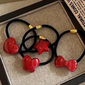 French Style Red Glitter Bow Star Heart Hair Tie High Elastic Ponytail Holder Resin Metal Bead Hair Accessories For Women New Year Gift