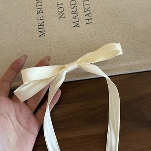 Nahaufnahme der cremefarbenen Satin-Schleife mit langen Bändern in einer Hand