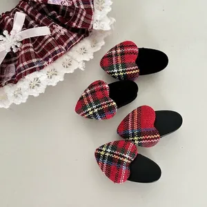 Women Plaid Heart Shaped Hair Clips Retro Wine Red Tartan Fabric Acrylic Duckbill Side Clips Fashion Hair Accessories