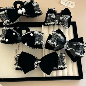 Vintage Black Velvet Lace Bow Hair Claw Clip Elegant Rhinestone Tassel French Style Shark Clip For Women Hair Accessories