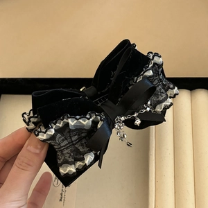 Elegant black lace bow hair claw clip with silver rhinestone chain and heart pendant
