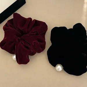 Vintage Velvet Artificial Pearl Scrunchies Large Hair Tie For Women Burgundy Black Elegant Hair Rope Handmade Hair Accessories Gift