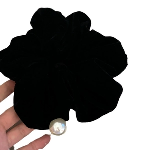 Elegant large black velvet scrunchie with white pearl pendant for high ponytail styling