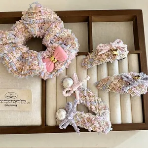 Elegant Tweed Bow Hair Clip Scrunchie Faux Artificial Pearl Heart Pendant Pink Purple Sweet Korean Style Headwear Women Accessory