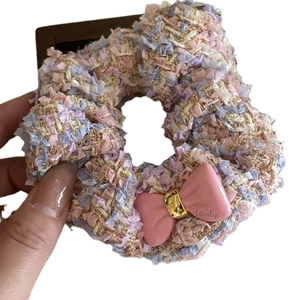 Pink tweed scrunchie with resin bow and Lovely engraving for elegant hair styling