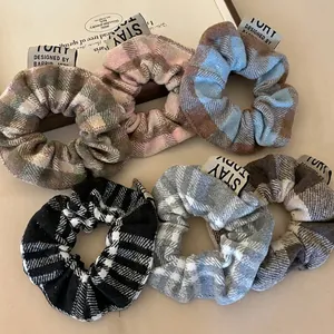 Set of 6 vintage plaid oversized scrunchies in cream blue and pastel checkered patterns