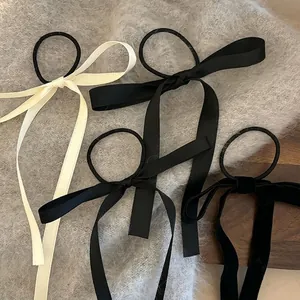 French Vintage Bow Ribbon Hair Tie Satin Velvet Long Streamer Elastic Hair Band For Women Elegant Hair Accessories