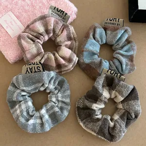 Women Vintage Plaid Fabric Hair Scrunchies With Woven Label Preppy Style Checkered Hair Ties Elastic Hair Bands Accessories
