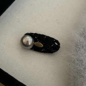 Elegant black tweed hair clip with silver pearl and golden Love metal charm