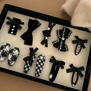 Elegant Black Bow Hair Clip For Women Sweet Velvet Satin Fabric Hair Accessory Rhinestone Decorative Side Clip Bang Clip