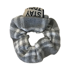 Plaid scrunchie in light blue and grey with Stay Today label for women hair styling