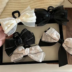 Elegant Korean Silk Gauze Layered Bow Hair Claw Clip Large Retro Organza Lace Mesh Shark Clip Hair Accessory For Women