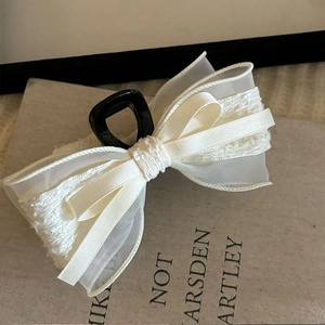 Elegant cream white layered bow hair claw clip with silk ribbon and organza lace detail
