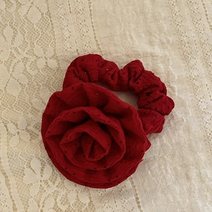French style red fabric rose flower hair scrunchie with hollow embroidery design