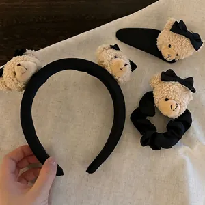Ensemble de 3 accessoires cheveux noirs avec ours en peluche et nœuds élégants