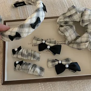 Black White Plaid Bowknot Hair Clip Headband Set Women Preppy Style Artificial Pearl Pleated Hairband Scrunchie Hair Accessories