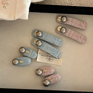 Elegant tweed pearl hair clips in pink and blue for women with vintage Korean style