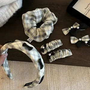6-piece vintage black and white plaid hair accessories set including headband and bow clips