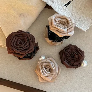 Handmade Rose Flower Hair Clip Fabric Artificial Pearl Shark Claw For Women French Retro Style Khaki Beige Elegant Hair Accessory