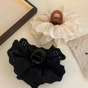French Elegant Large Lace Hair Claw Clip Balletcore Shark Clip For Thick Hair Handmade Fabric Hollow Bow Hair Accessories
