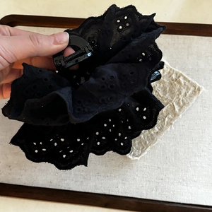 Elegant large black lace hair claw clip with ruffled eyelet embroidery for thick hair
