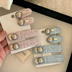 French Vintage Tweed Hair Clip For Women Artificial Pearl BB Clip Retro Elegant Fabric Alloy Side Clip Hair Accessory