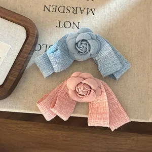 Elegant Camellia Flower Bow Hair Clip With Streamers Handmade Tweed Fabric Hairpin French Style Hair Accessories For Women