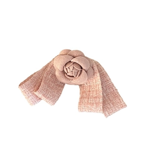 Elegant pink camellia fabric hair clip with a stylish tweed ribbon for women
