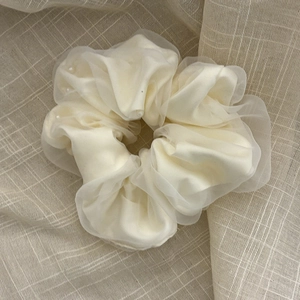 Elegant cream white scrunchie with layered organza mesh and white pearls for women