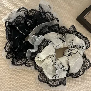 French Vintage Lace Edge Scrunchie For Women Elegant Ink Floral Pattern Fabric Large Elastic Hair Tie Fashion Headwear