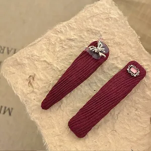 Women Wine Red Ribbed Fabric Butterfly Hair Clip Set Pink Rhinestone Artificial Pearl Duckbill Clip Handmade Fashion Hair Jewelry