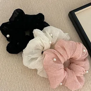 Scrunchie in Rete di Tessuto Pieghettato Vintage Con Künstliche Perle Elegante Cravatta per Capelli in Chiffon Rosa Nero Beige Elastico per Donne