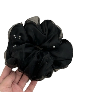 Elegant black double-layered mesh scrunchie with pearls for fluffy ponytails and buns
