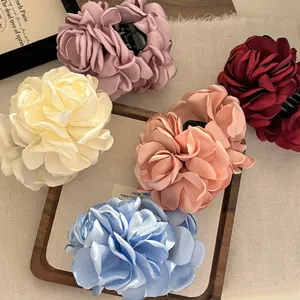Large 3D Satin Rose Flower Hair Claw Clip For Women Elegant Handmade Fabric Shark Clip Hair Accessory For Thick Hair