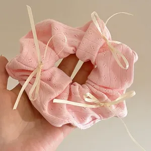 Chouchou à Nœud Tricoté Rose Élastique Cheveux Surdimensionné pour Femmes Doux Élégant Ruban en Satin Corde à Cheveux Couleur Unie Accessoires de Cheveux