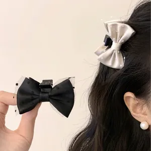 Elegant Satin Bowknot Hair Clip Polka Dot Mesh Hair Claw For Women Sweet Princess Side Clip Fashion Commuter Headwear