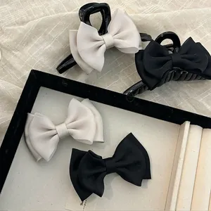 Double Layered Bow Hair Clip Elegant Fabric Shark Clip Off White Black Ribbon Hairpins For Women Daily Commute Hair Accessories