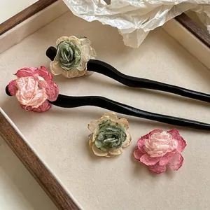 Exquisite handmade fabric flower hair clips and pins in pink and green for elegant styling
