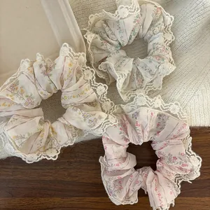 Chouchou en Dentelle Florale de Style Coréen pour Femmes Français Doux Pastoral Imprimé Grand Élastique Accessoire de Mode