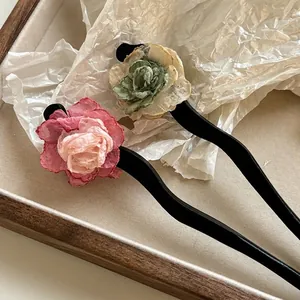 Exquisite handmade floral hair stick with fabric petals and vintage wavy wood pin
