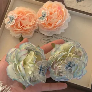 Handmade fabric camellia hair clip set with 3D embroidery butterfly for beach vacations