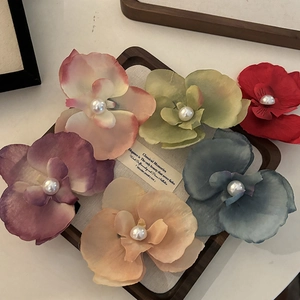 Barrettes à fleurs d'orchidées en soie avec perles aux couleurs morandi pour style Hanfu