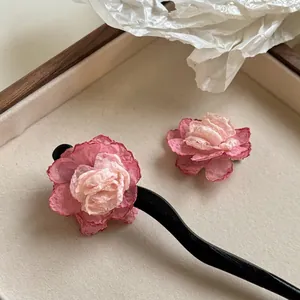 Ancient Style Wooden Hair Stick Handmade Fabric Flower Hair Accessories For Women Vintage Floral Hair Pin For Updo Styling