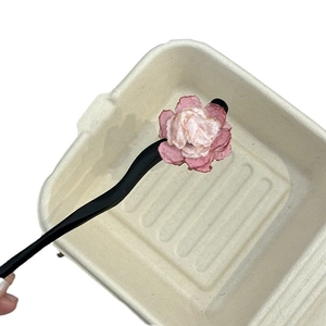 Pink flower wooden hair stick with black wave design for traditional Chinese hair styling
