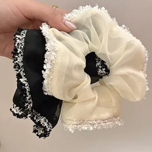 Eleganter Stoff Scrunchie Organza Haargummi Mit Gekerbtem Tweed Rand Lazy High-End Elastisches Haarseil Für Damen Alltag Accessoires