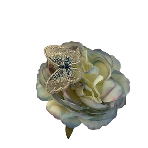 Blue camellia butterfly hair clip with gold embroidery for elegant seaside vacation style