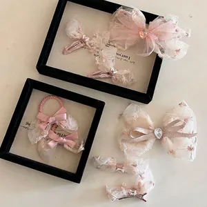 Pink lace mesh bow hair clips with rhinestones and ribbon scrunchies for women